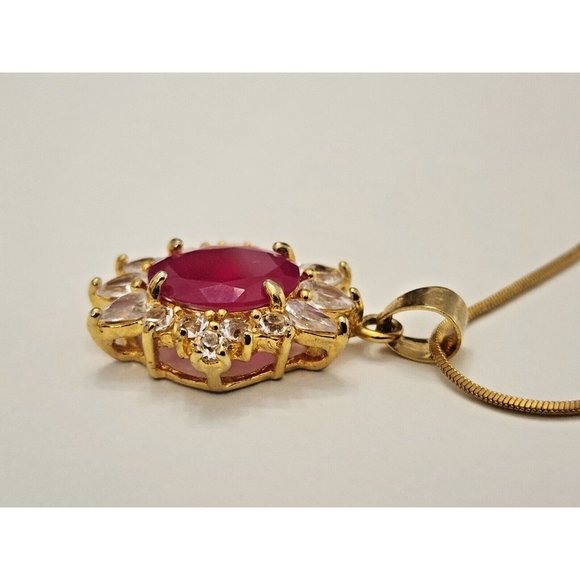18k Gold Plated Ruby & Clear Cubic Zirconia CZ Pendant Necklace - Picture 6 of 13